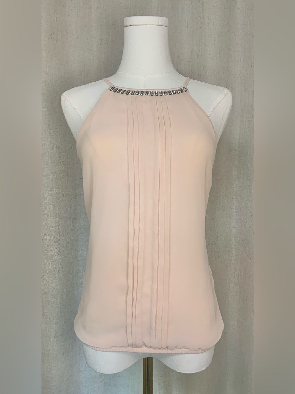 Express Blush Beaded-Neck Pintuck Halter Shell